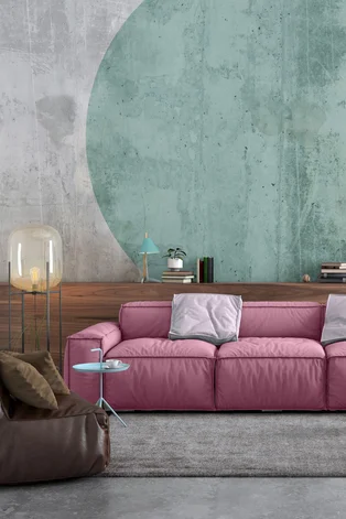 Illustration - Ihr Experte für schönes Wohnen - Modernes Apartment im nordisch-skandinavischen Stil, großes Sofa mit leerer Wand dahinter. Inneneinrichtung mit vielen Details, Couchtisch, Pflanze, Büchern, Pastellfarben.
